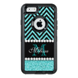 AQUA GLITTER BLACK CHEVRON MONOGRAMMED OtterBox DEFENDER iPhone CASE