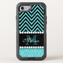 AQUA GLITTER BLACK CHEVRON MONOGRAMMED