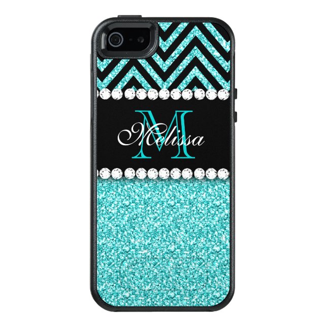 AQUA GLITTER BLACK CHEVRON MONOGRAMMED OTTERBOX iPhone CASE (Back)