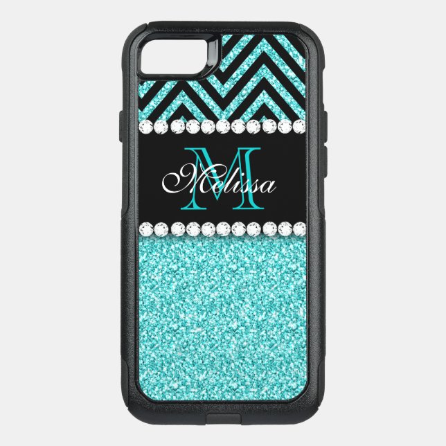 AQUA GLITTER BLACK CHEVRON MONOGRAMMED OTTERBOX iPhone CASE (Back)