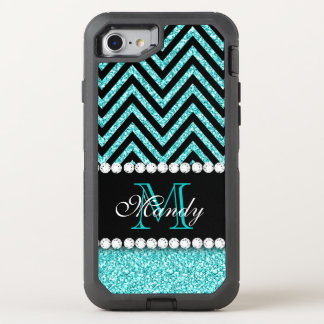 AQUA GLITTER BLACK CHEVRON MONOGRAMMED OtterBox DEFENDER iPhone SE/8/7 CASE