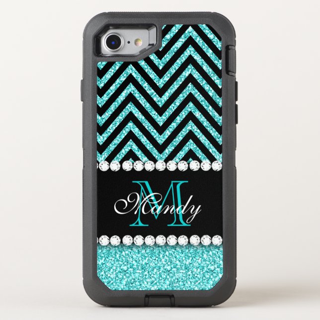 AQUA GLITTER BLACK CHEVRON MONOGRAMMED OTTERBOX iPhone CASE (Back)