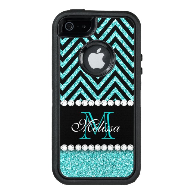 AQUA GLITTER BLACK CHEVRON MONOGRAMMED OTTERBOX iPhone CASE (Back)