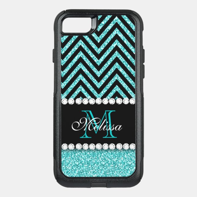 AQUA GLITTER BLACK CHEVRON MONOGRAMMED OTTERBOX iPhone CASE (Back)