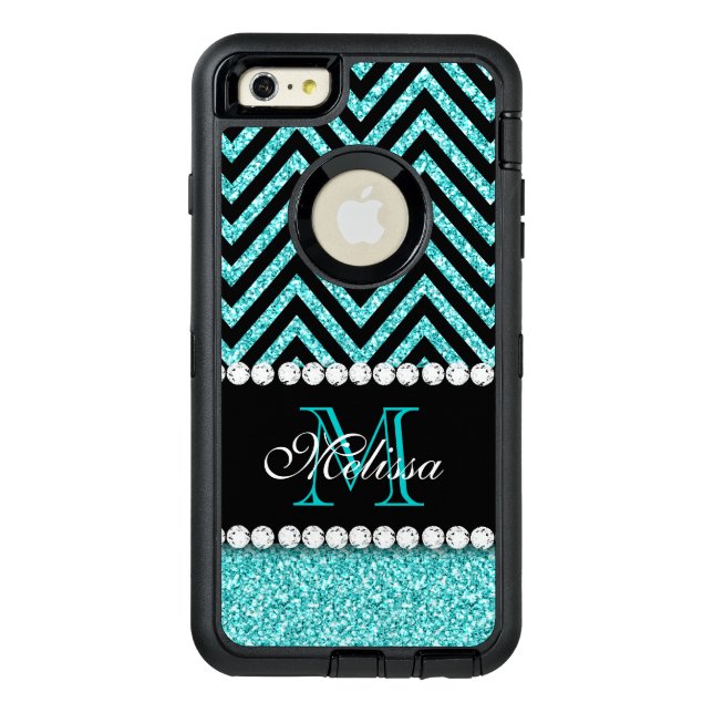 AQUA GLITTER BLACK CHEVRON MONOGRAMMED OTTERBOX iPhone CASE (Back)