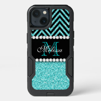 AQUA GLITTER BLACK CHEVRON MONOGRAMMED iPhone 13 CASE