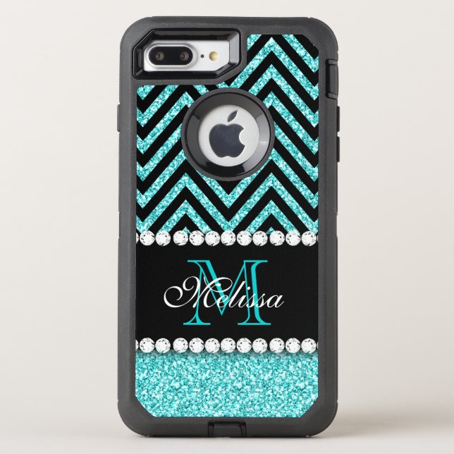 AQUA GLITTER BLACK CHEVRON MONOGRAMMED OTTERBOX iPhone CASE (Back)