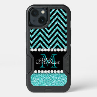 AQUA GLITTER BLACK CHEVRON MONOGRAMMED iPhone 13 CASE