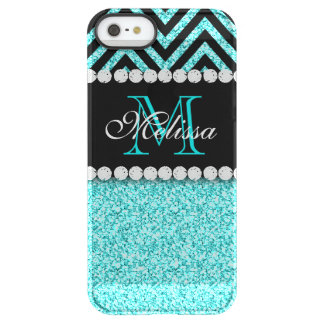 AQUA GLITTER BLACK CHEVRON MONOGRAMMED PERMAFROST iPhone SE/5/5s CASE