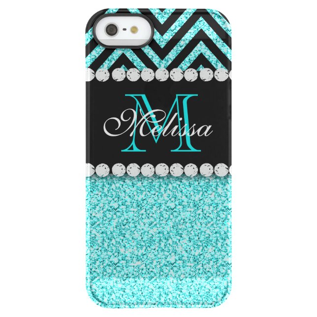AQUA GLITTER BLACK CHEVRON MONOGRAMMED UNCOMMON iPhone CASE (Back)