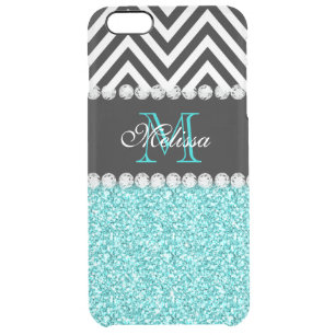 AQUA GLITTER BLACK CHEVRON MONOGRAMMED CLEAR iPhone 6 PLUS CASE