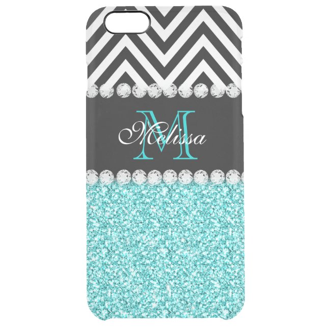 AQUA GLITTER BLACK CHEVRON MONOGRAMMED UNCOMMON iPhone CASE (Back)