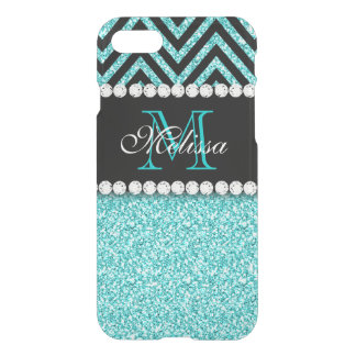 AQUA GLITTER BLACK CHEVRON MONOGRAMMED iPhone SE/8/7 CASE