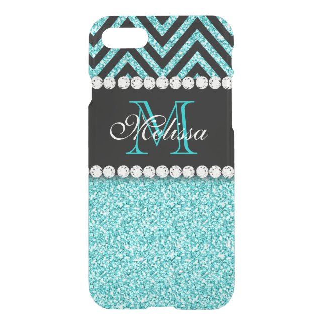 AQUA GLITTER BLACK CHEVRON MONOGRAMMED UNCOMMON iPhone CASE (Back)