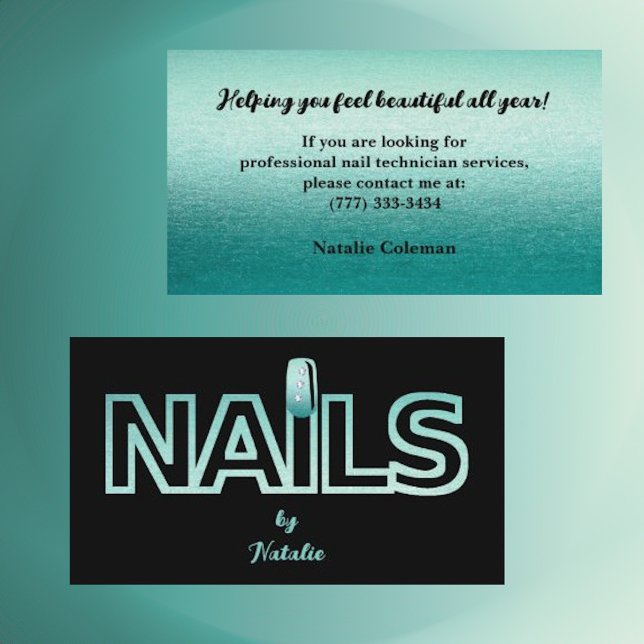 Aqua Glitter & Black Nail Technician Business Card (Creator Uploaded)
