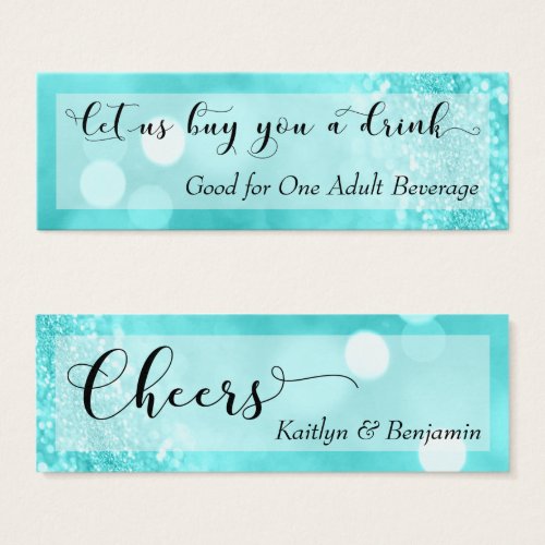 Aqua Glitter Bokeh Script Mini Drink Ticket