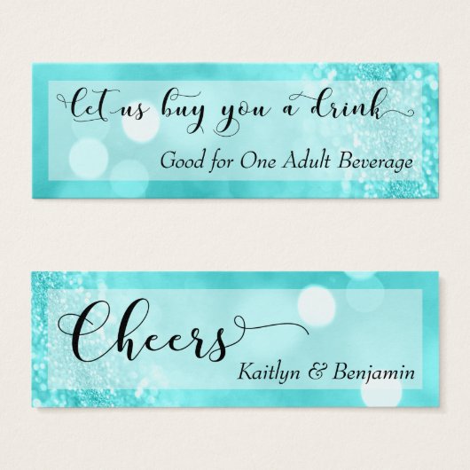Aqua Glitter Bokeh Script Mini Drink Ticket (Front & Back)