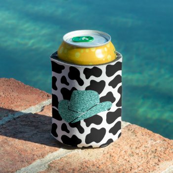 Aqua Glitter Cowgirl Hat Cow Print Background  Can Cooler by coffeecatdesigns at Zazzle