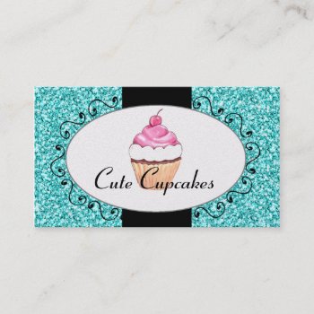 Aqua Glitter Cute Cupcake Bakery Business Card by CoutureBusiness at Zazzle
