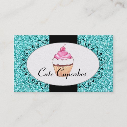 Aqua Glitter Cute Cupcake Bakery Business Card