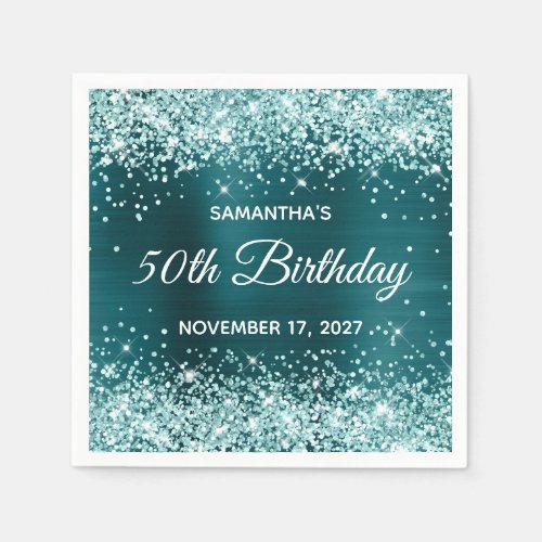 Aqua Glitter Dark Teal Blue Foil 50th Birthday Napkins