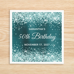 Aqua Glitter Dark Teal Blue Foil 50th Birthday Napkins