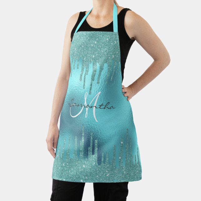 Aqua Glitter Drips Metallic Foil Personalized Apron (Insitu)
