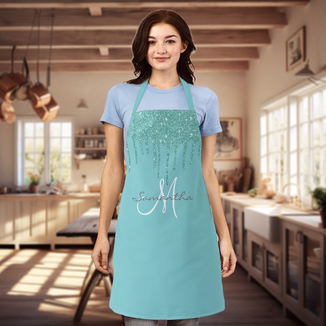 Aqua Glitter Drips Metallic Pink Personalized Apron (Creator Uploaded)