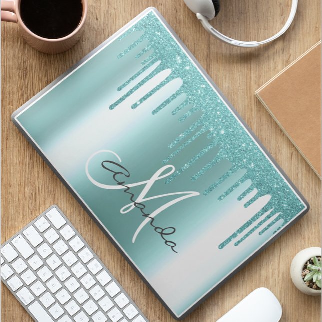 Aqua Glitter Drips Personalized Monogram HP Laptop Skin (Creator Uploaded)