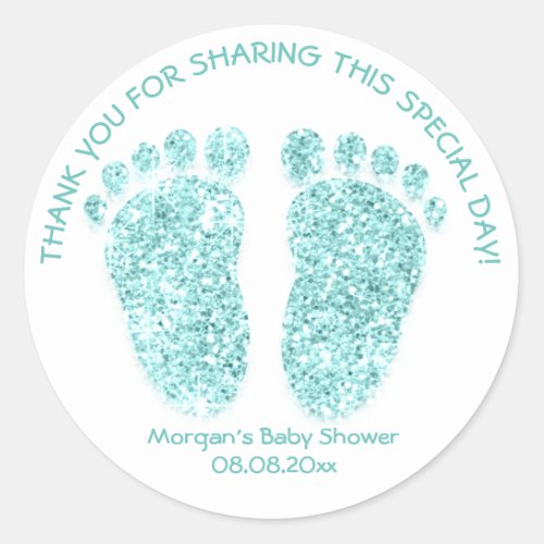 Aqua Glitter Feet Baby Shower Favor Gift Thank Blu Classic Round Sticker
