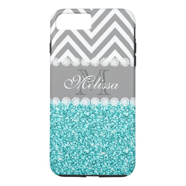 AQUA GLITTER, GRAY CHEVRON, MONOGRAMMED Case-Mate iPhone CASE (Back)