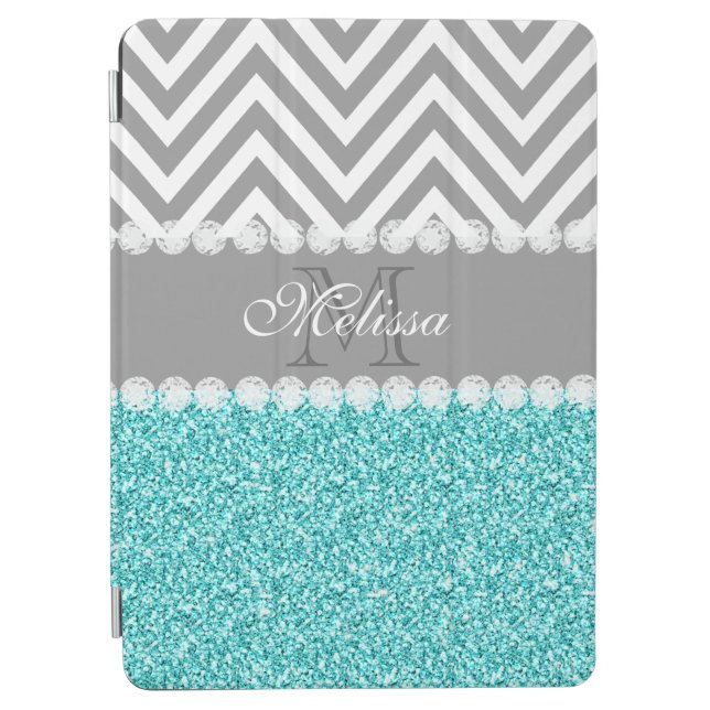 AQUA GLITTER, GRAY CHEVRON, MONOGRAMMED iPad AIR COVER (Front)