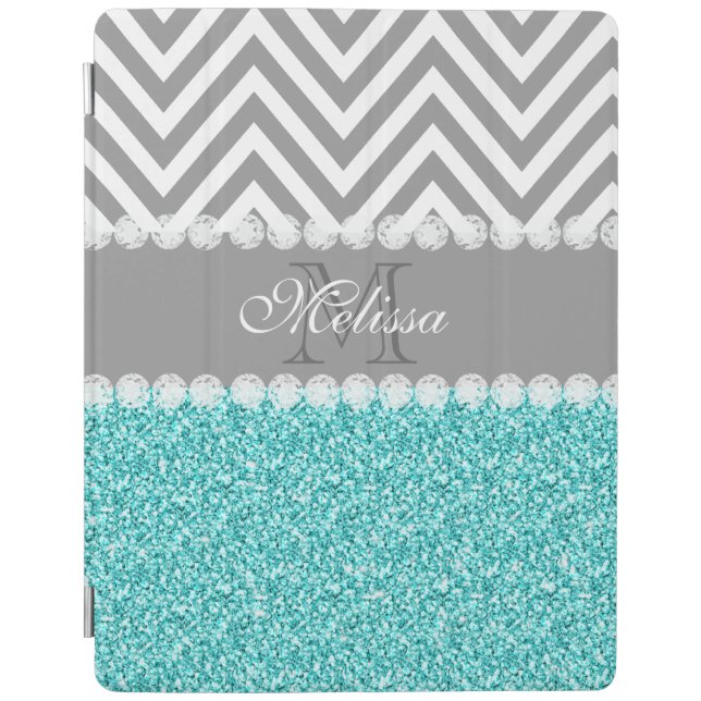 AQUA GLITTER, GRAY CHEVRON, MONOGRAMMED iPad SMART COVER (Front)