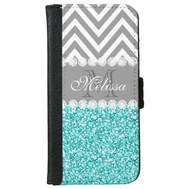 AQUA GLITTER, GRAY CHEVRON, MONOGRAMMED iPhone WALLET CASE (Front)