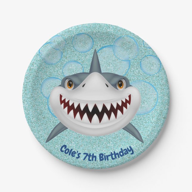 Aqua Glitter Kids Shark Birthday Paper Plates (Front)