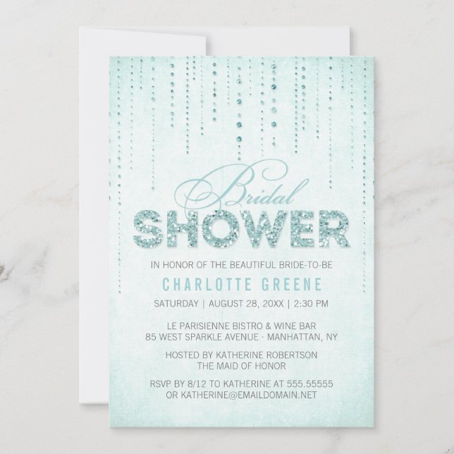 Aqua Glitter Look Bridal Shower Invitation (Front)
