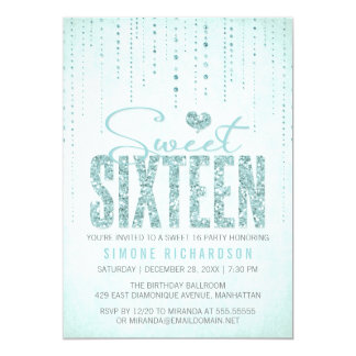 Aqua Glitter Look Sweet 16 (Sixteen) Party Card