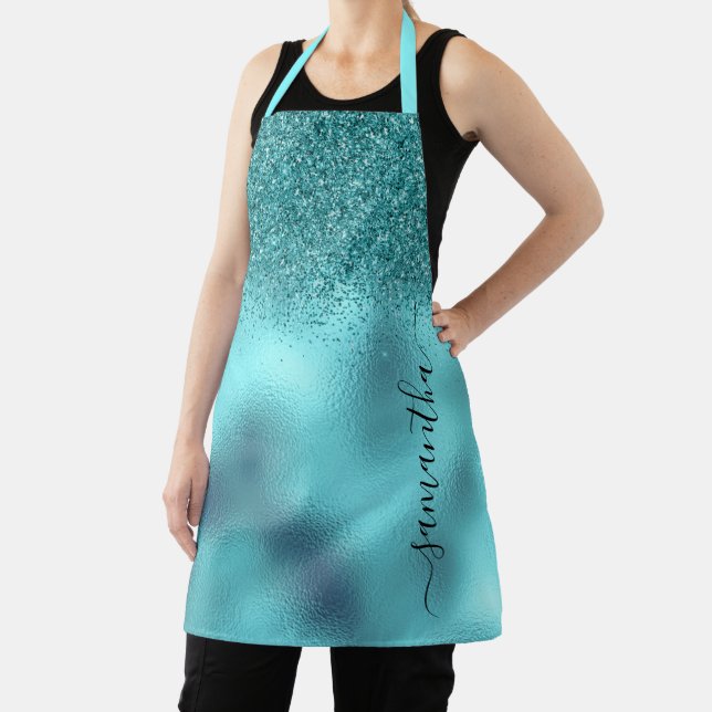 Aqua Glitter Metallic Handwritten Monogram Name Apron (Insitu)