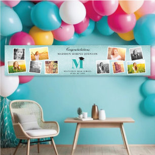 Aqua Glitter Monogram 10 Photo Graduation Party Banner
