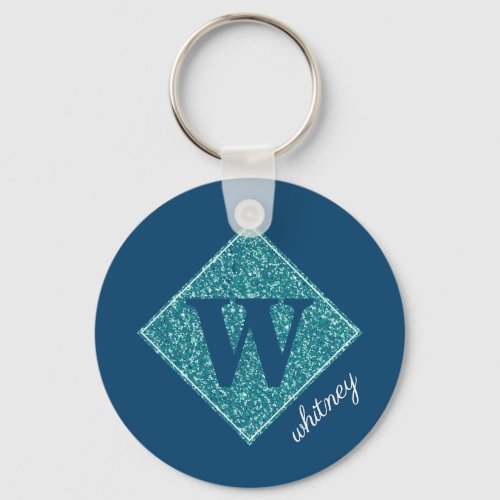 Aqua Glitter Monogram Button Keychain