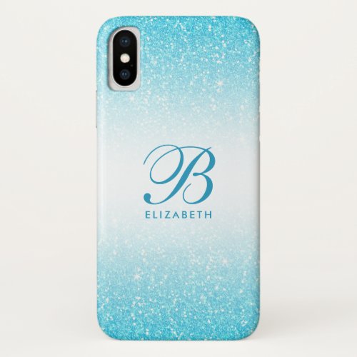 Aqua Glitter Monogram Elegant Simple White Ombre iPhone X Case