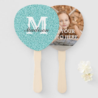 Aqua Glitter Monogram Hand Fan