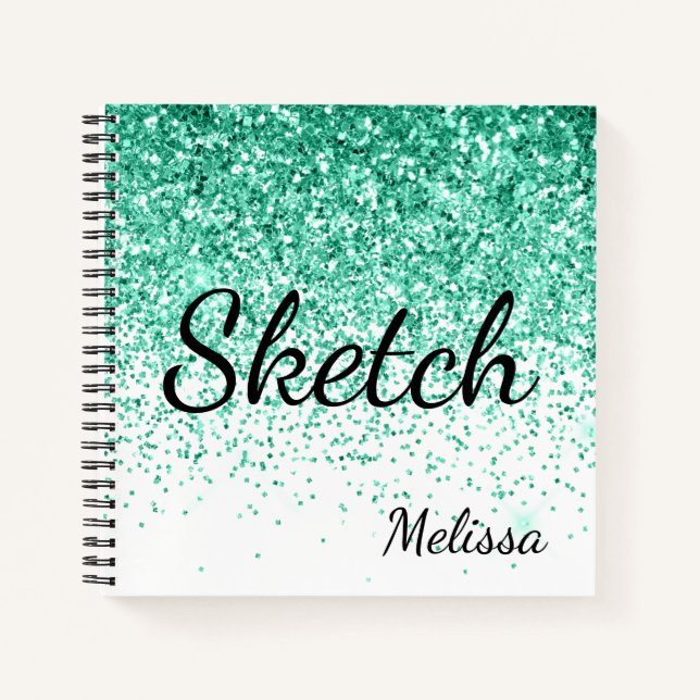 Aqua Glitter Monogram Sketchbook Notebook (Front)