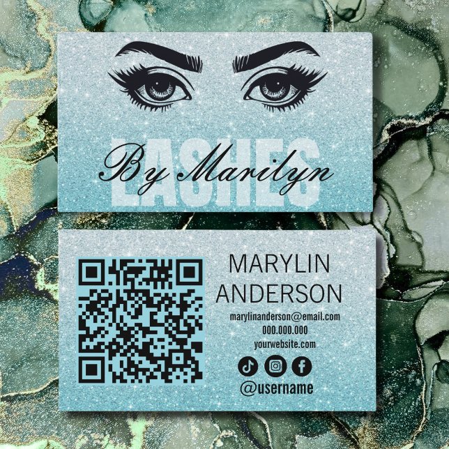 Aqua Glitter Ombre Lash Tech QR Code Scannable Business Card (Creator Uploaded)
