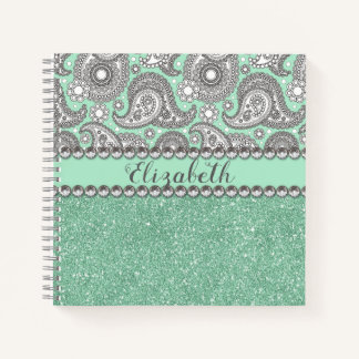 Aqua Glitter Paisley Rhinestone Personalize Notebook
