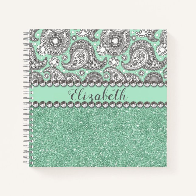 Aqua Glitter Paisley Rhinestone Personalize Notebook (Front)