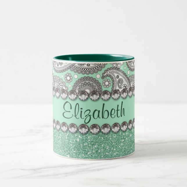 Aqua Glitter Paisley Rhinestone Personalize Two-Tone Coffee Mug (Center)
