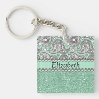 Aqua Glitter Paisley Rhinestone Print Pattern Keychain
