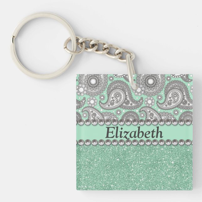 Aqua Glitter Paisley Rhinestone Print Pattern Keychain (Front)