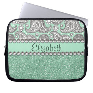 Aqua Glitter Paisley Rhinestone Print Pattern Laptop Sleeve